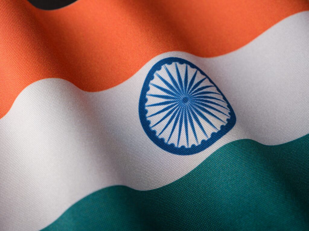 Detailed view of the Indian flag with vibrant colors and texture.